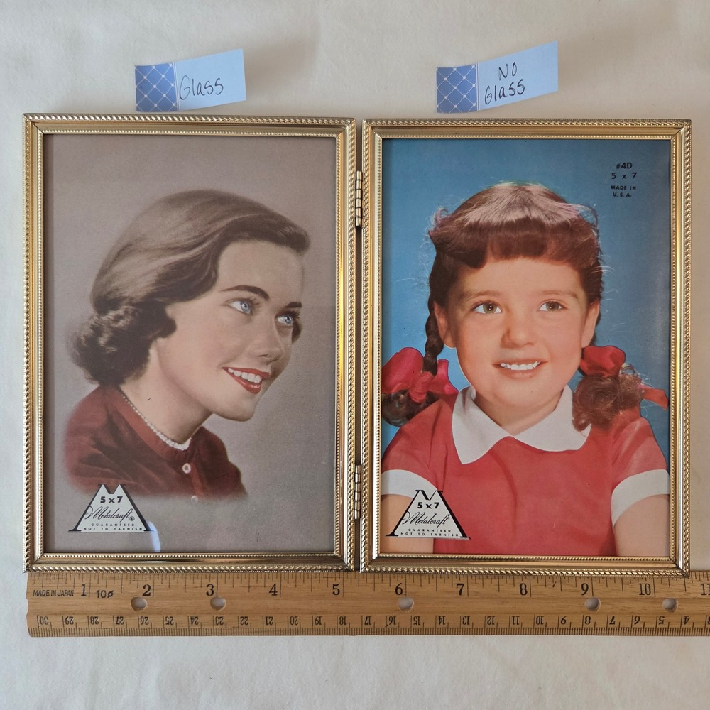 Vtg Metalcraft Gold Double Folding Picture Frame 5x7" Beaded Edge USA Ephemera